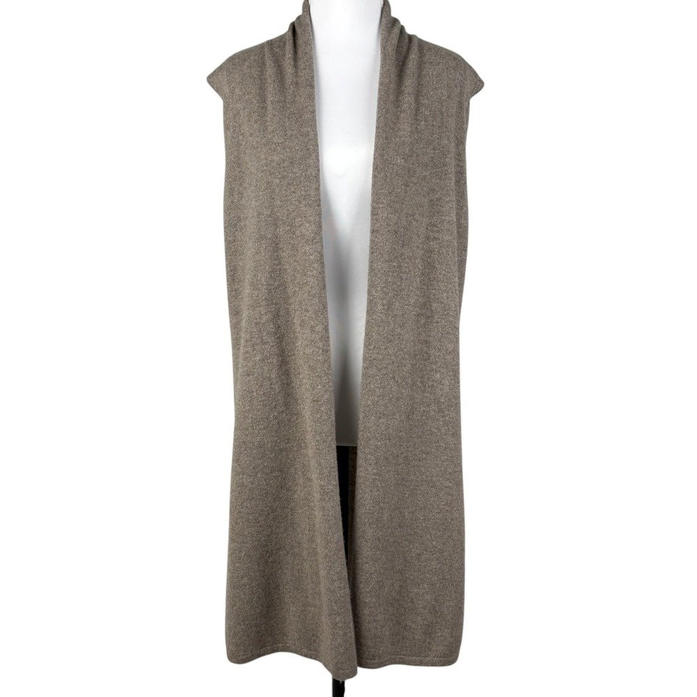 Tahari Pure Luxe 100% Cashmere Sweater Vest Womens M Tan Beige Long Open Front